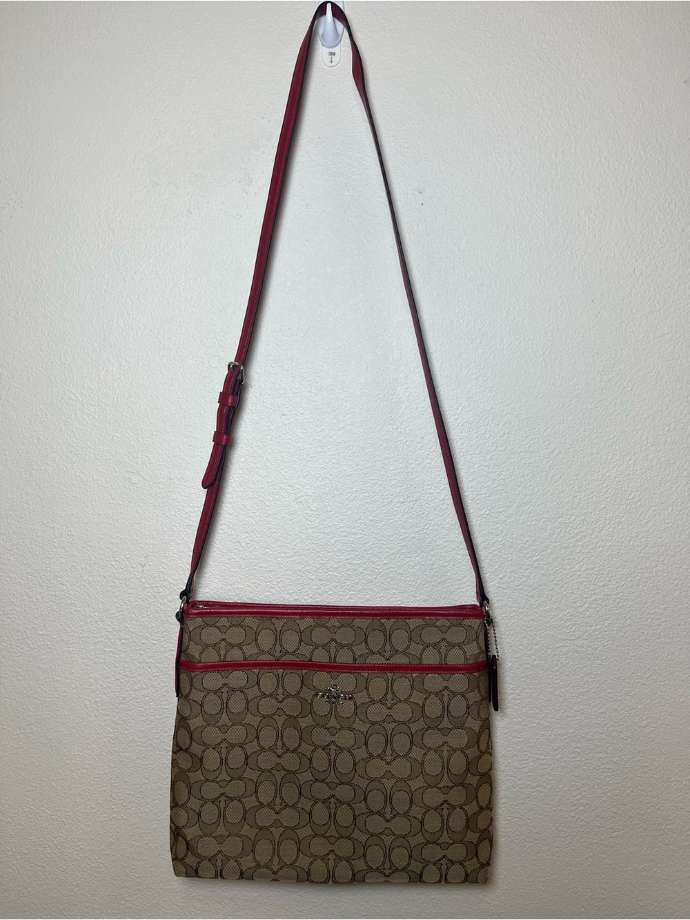 Coach Beige Signature Canvas Crossbody with Red Trim